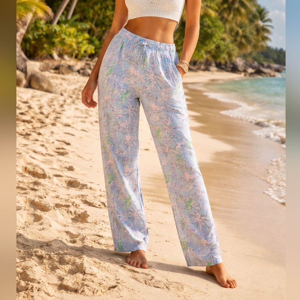Lilly Pulitzer 100% Linen Floral Trouser Blue Peri Turtle Package Pants - Picture 1 of 12